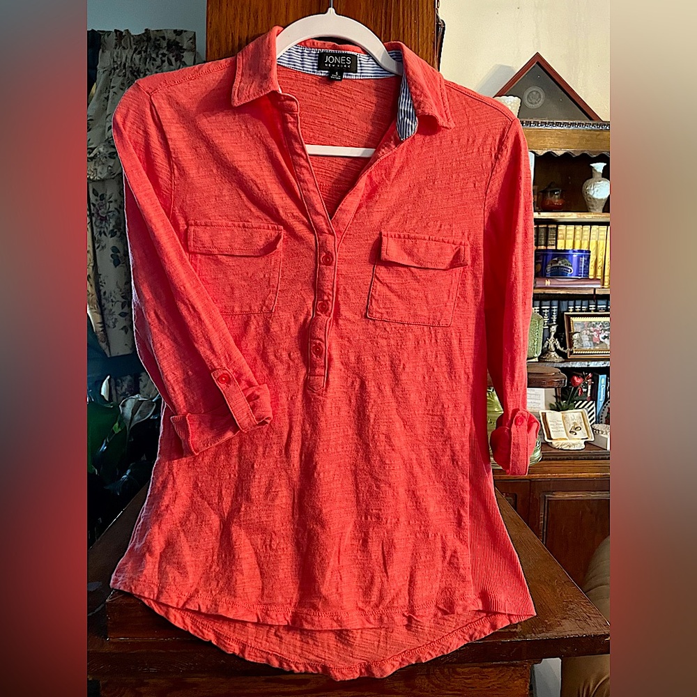 Jones New York Orange Coral Cotton Jacquard Long Sleeve Collared Top Small